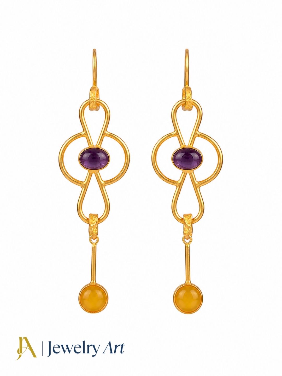 Designer gold plated Amethyst Yellow Chalcedony earrings isolated on white background
