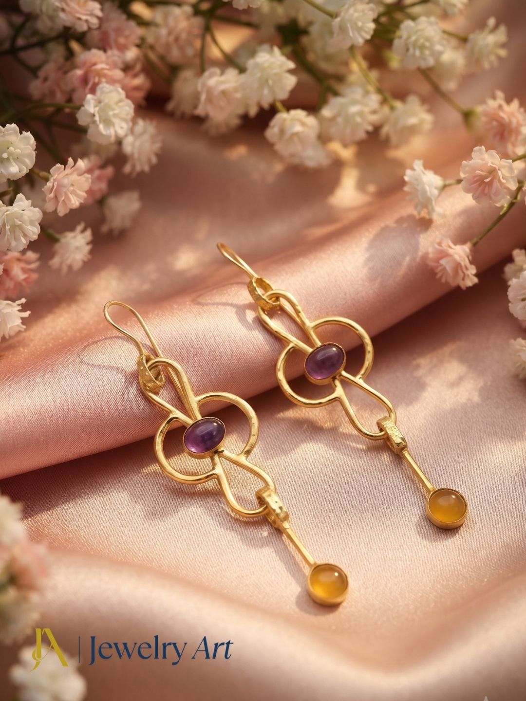 Elegant Amethyst and Yellow Chalcedony earrings in a premium jewelry display
