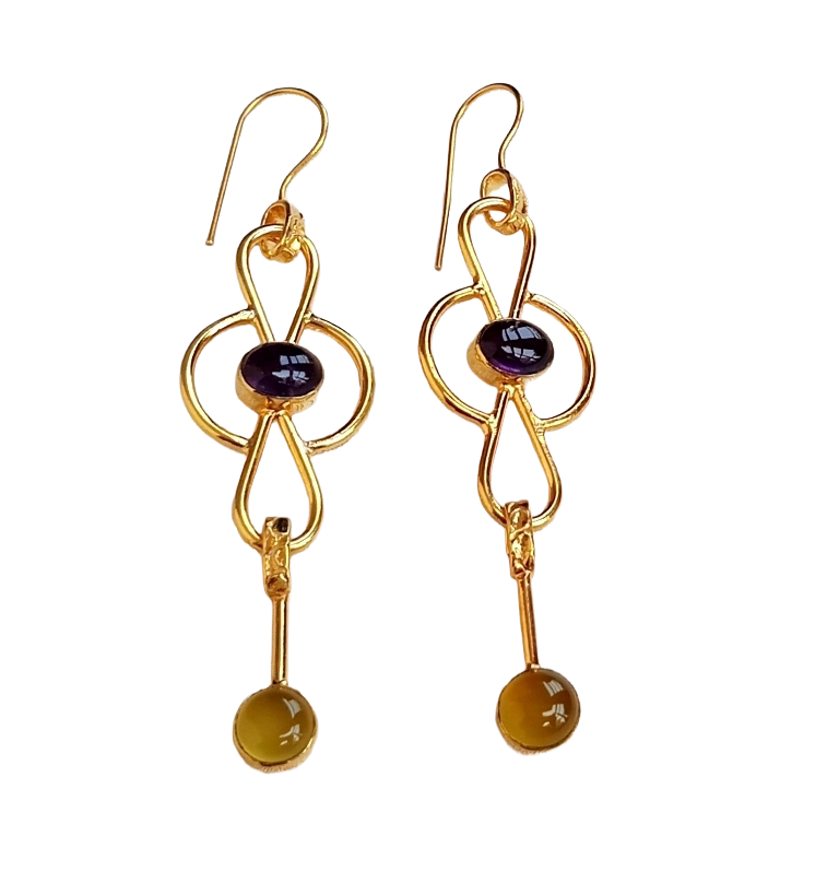 Gorgeous Gold Plated Dangle Drop  Earrings –  Semi Precious Stone Handcrafted Jewelry
