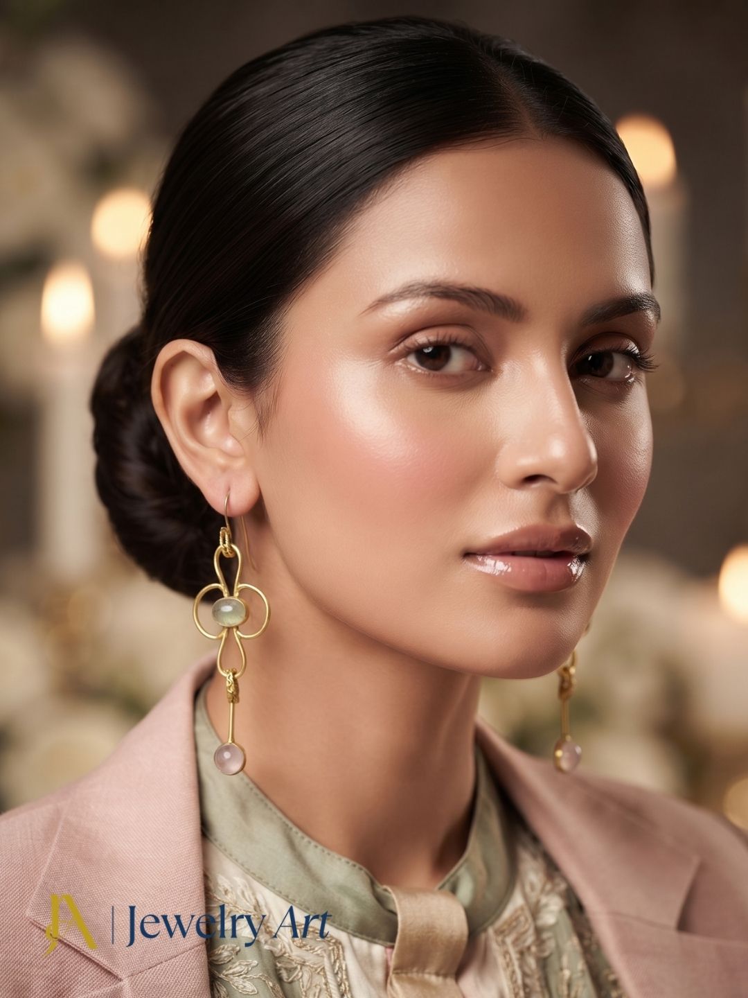 Elegant fashion portrait featuring Prehnite Rose Quartz designer earrings
