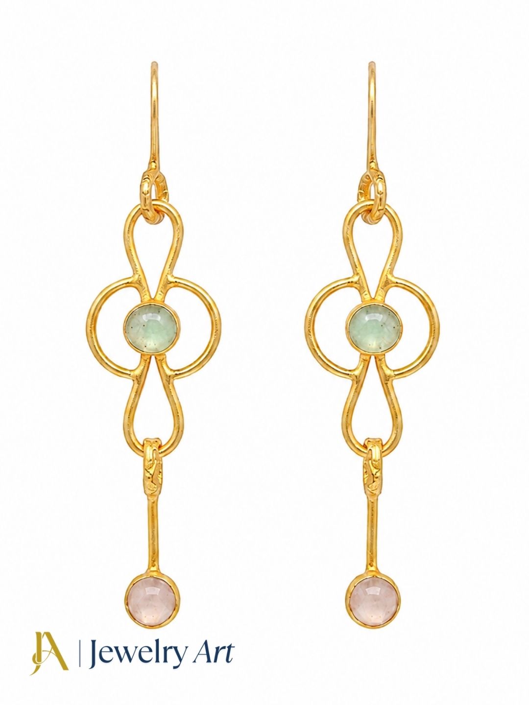 Modern gold plated Prehnite Rose Quartz costume dangle earrings
