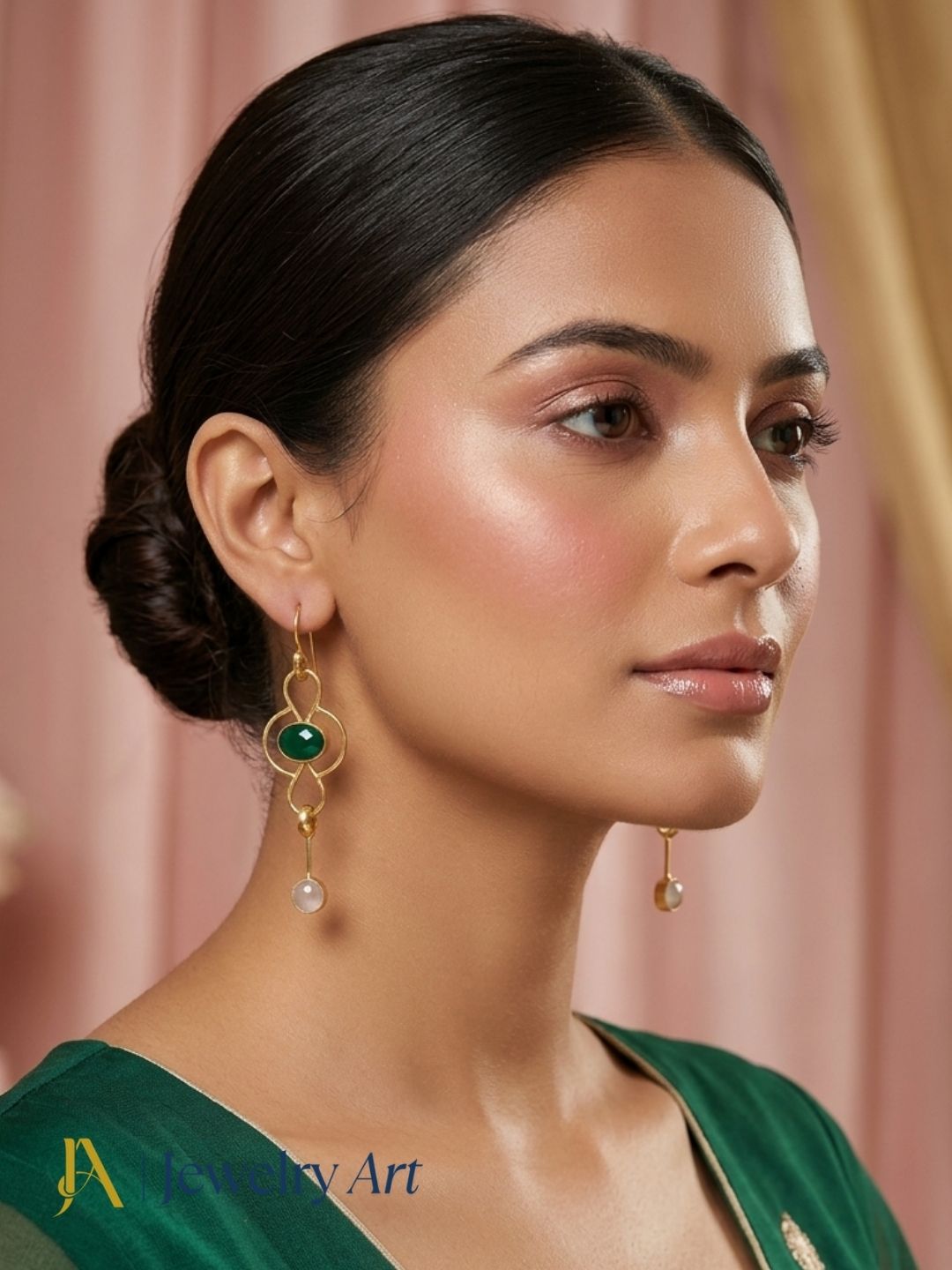 Model showcasing designer Green Onyx Rose Quartz gemstone earrings
