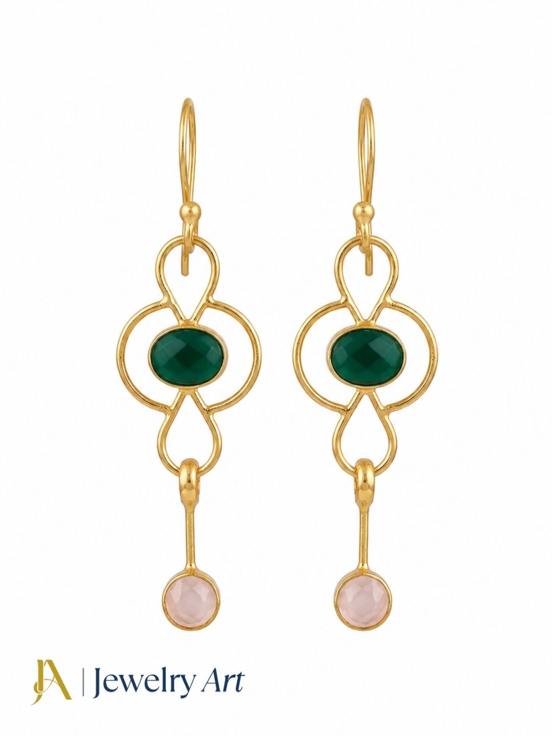 Handcrafted gold plated Green Onyx and Rose Quartz drop earrings for women
