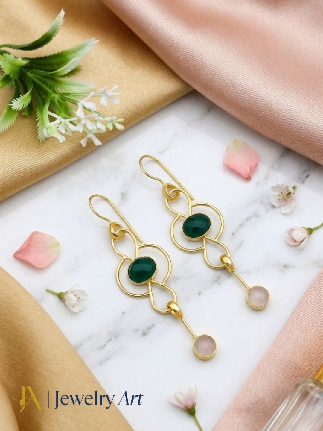 Editorial-style shoot showcasing Green Onyx Rose Quartz statement earrings

