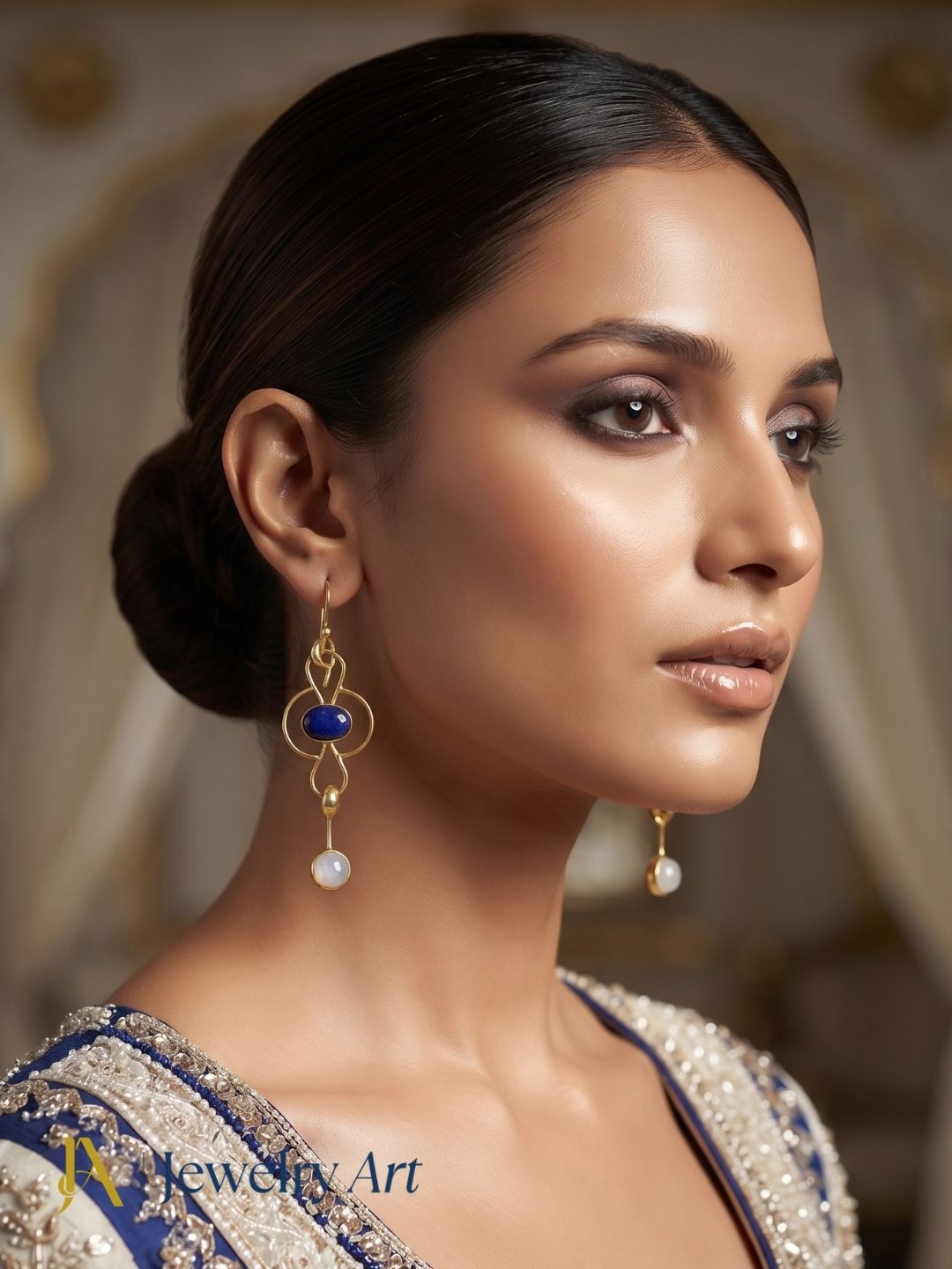Model showcasing designer Lapis White Rainbow gemstone earrings
