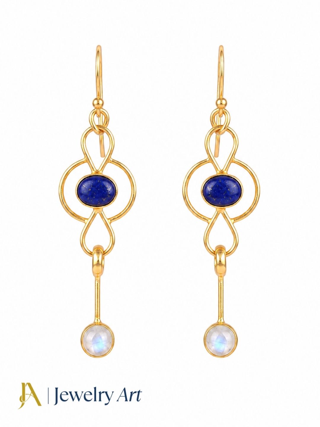 Gold plated Lapis and White Rainbow gemstone dangle earrings on pure white background
