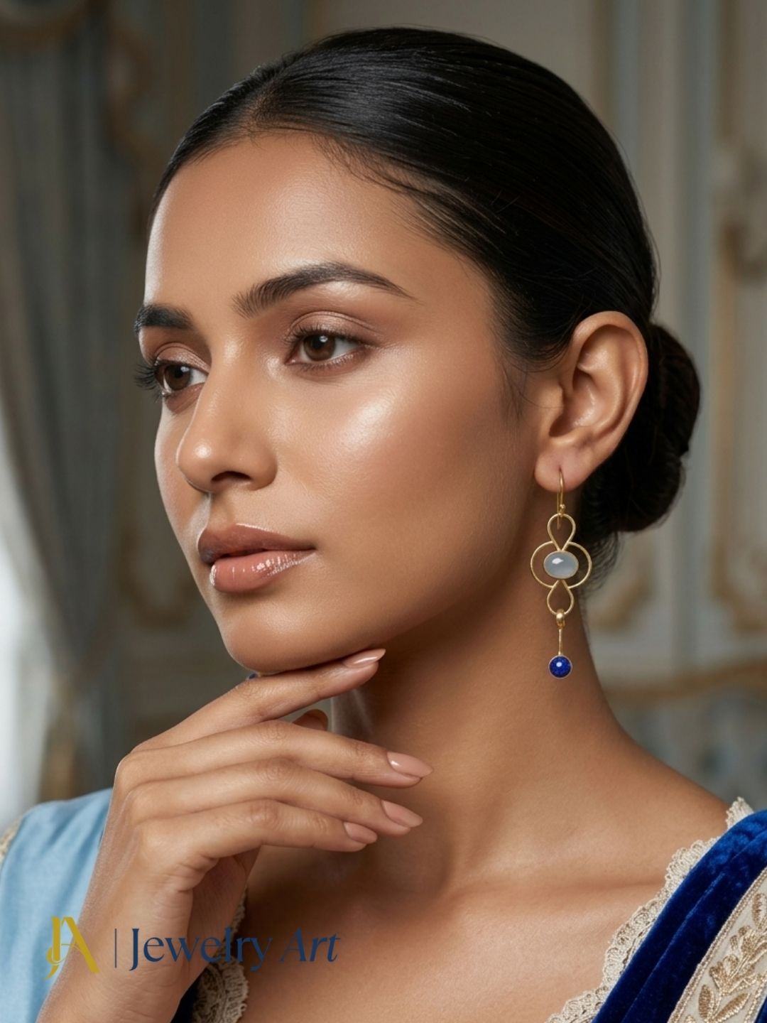 Model showcasing designer Chalcedony Lapis gemstone earrings
