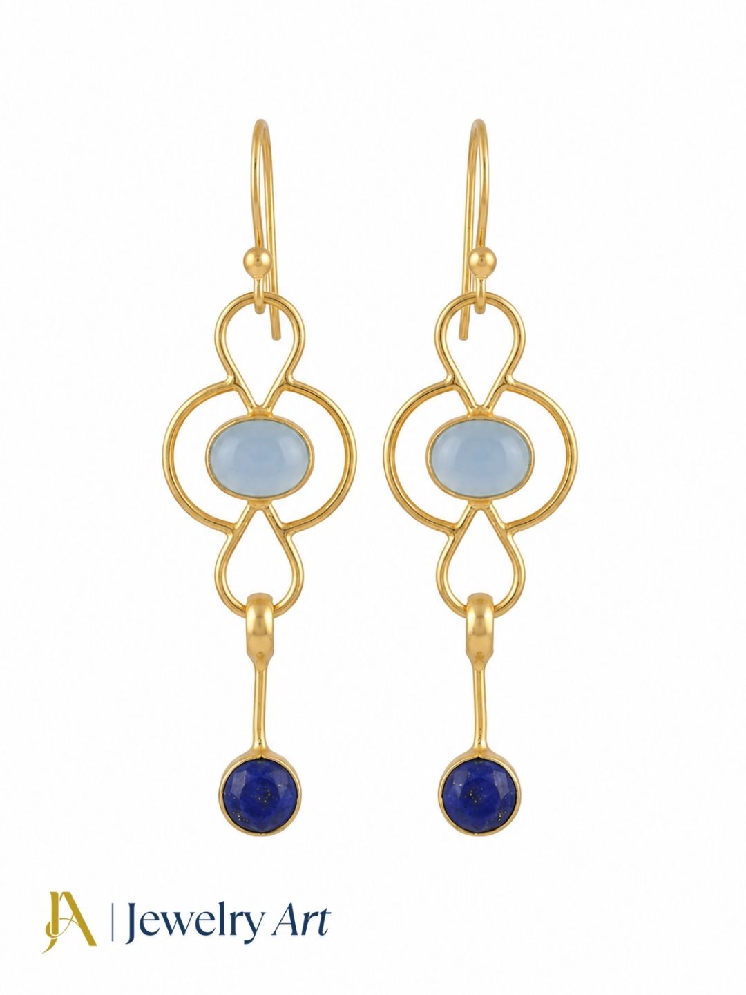 Designer gold plated Chalcedony Lapis earrings isolated on white background

