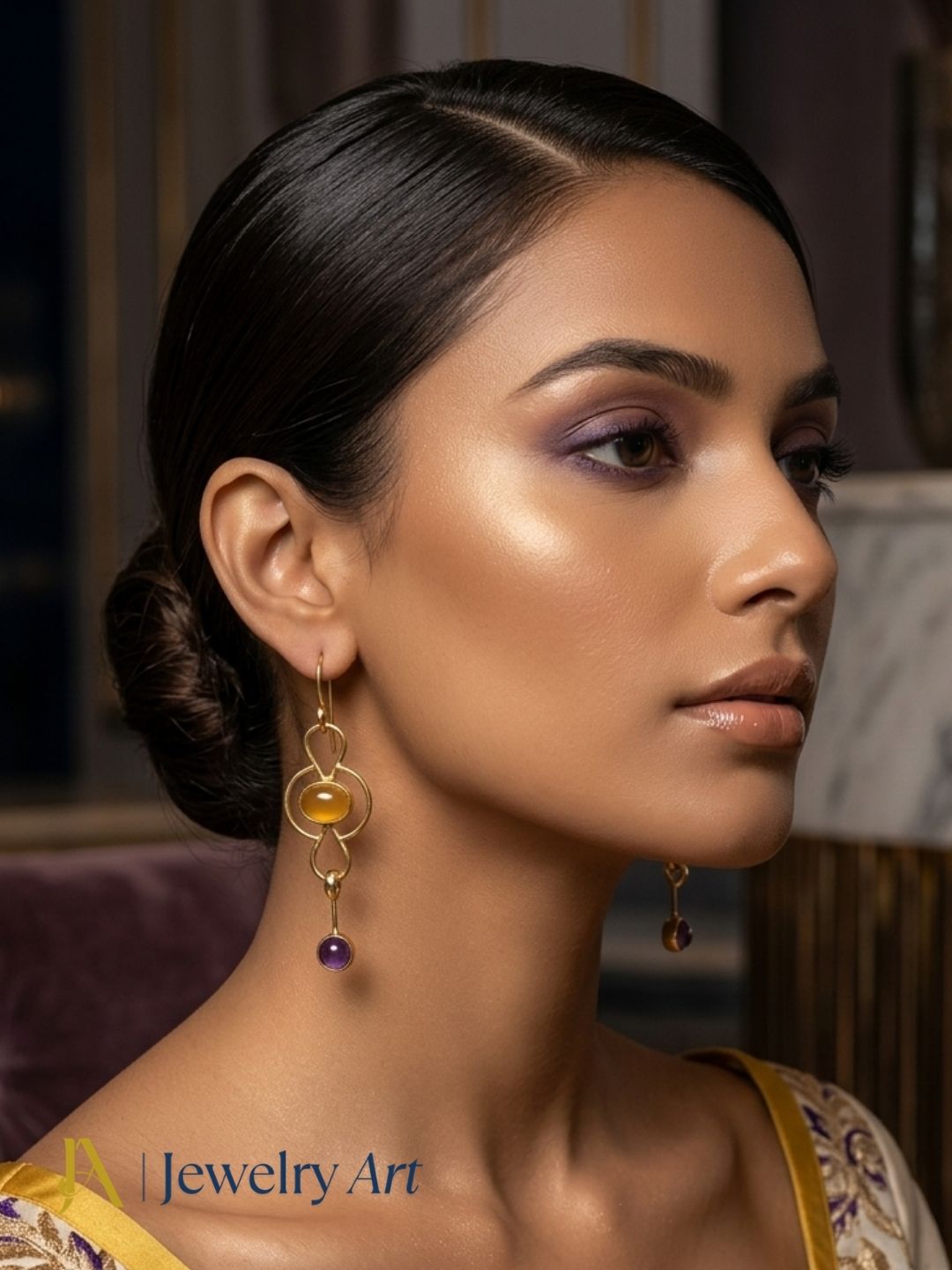 Elegant fashion portrait featuring Chalcedony Lapis designer earrings
