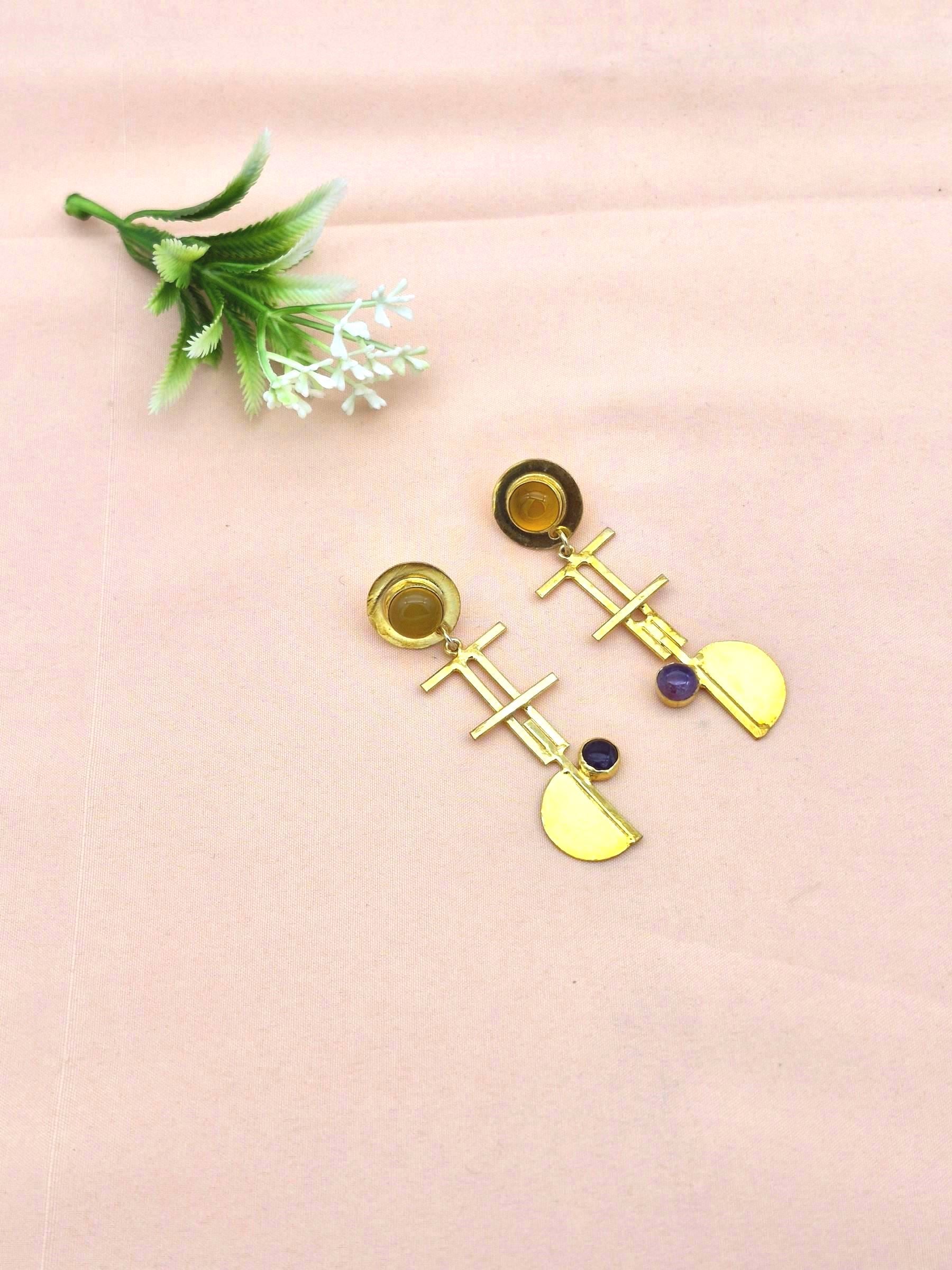 Handcrafted Gold Plated Brass Dangle Earrings –  Semi Precious Stone Jewelry