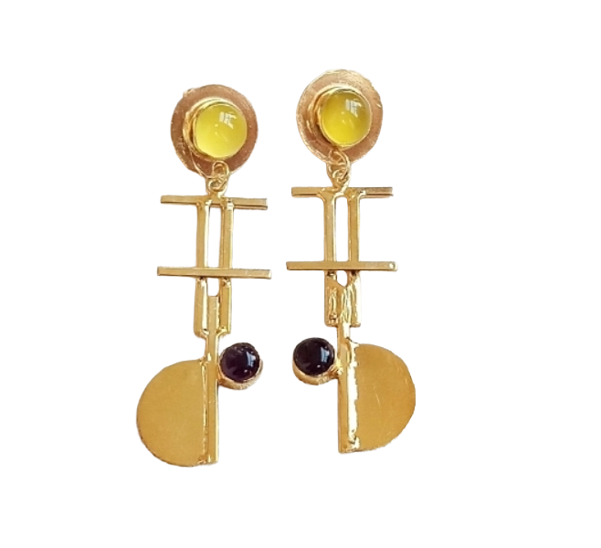 Handcrafted Gold Plated Brass Dangle Earrings –  Semi Precious Stone Jewelry