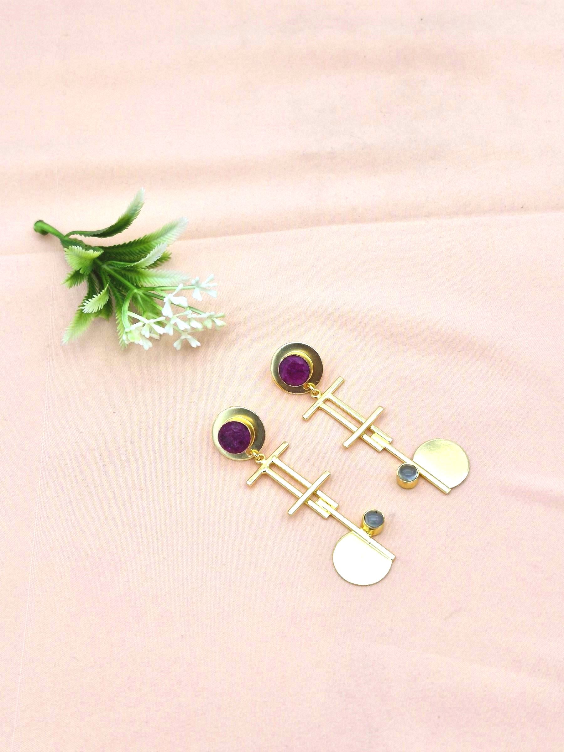 Handcrafted Gold Plated Brass Dangle Earrings –  Semi Precious Stone Jewelry