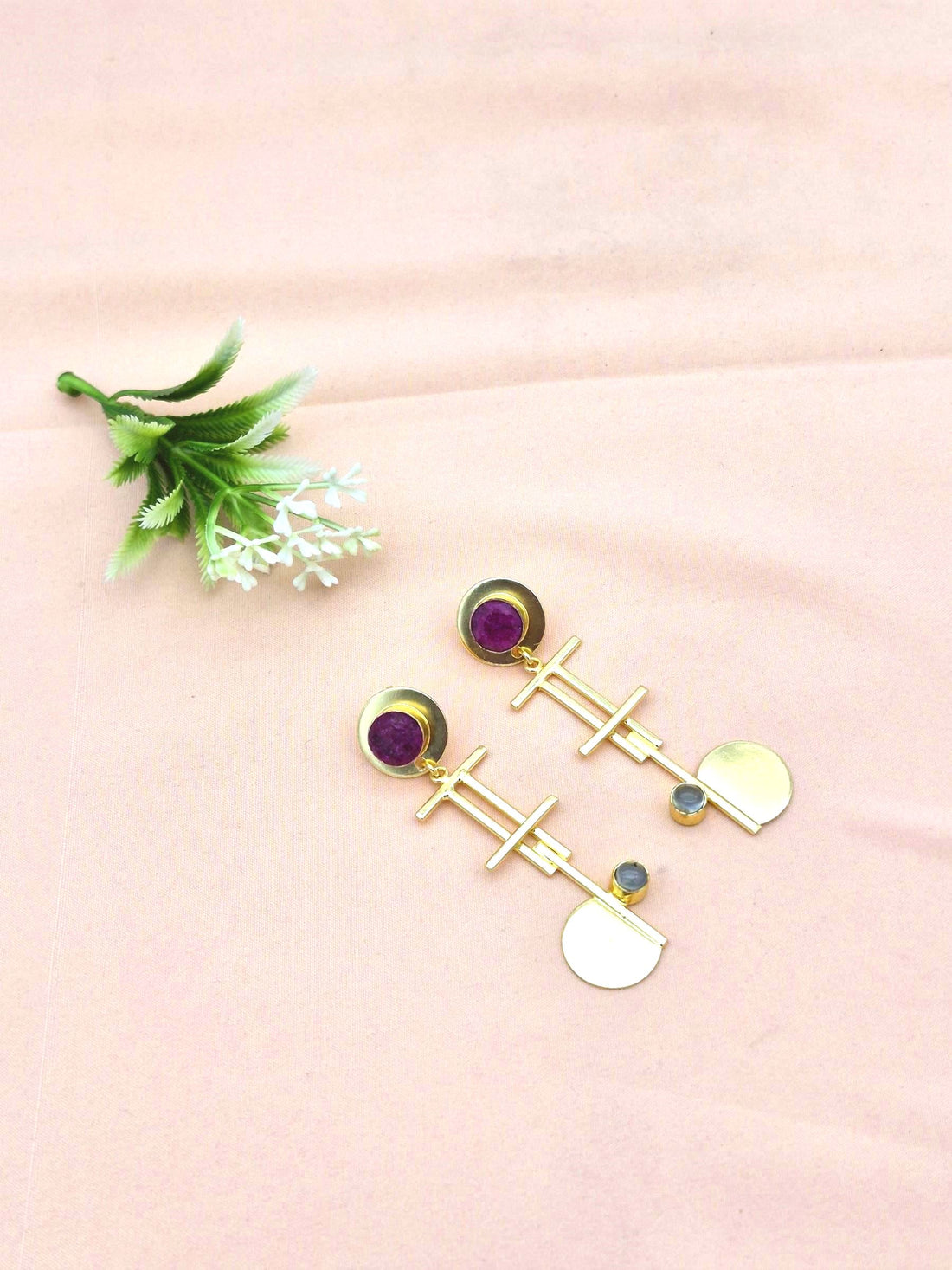Handcrafted Gold Plated Brass Dangle Earrings –  Semi Precious Stone Jewelry