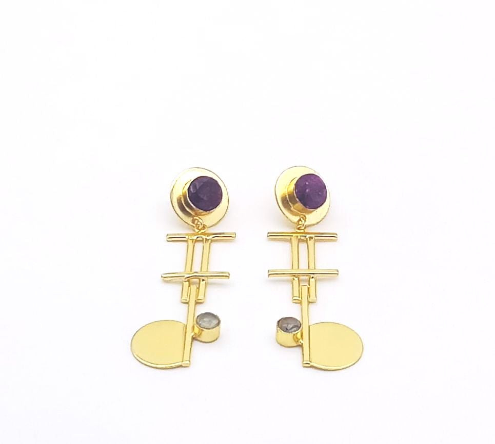 Handcrafted Gold Plated Brass Dangle Earrings –  Semi Precious Stone Jewelry