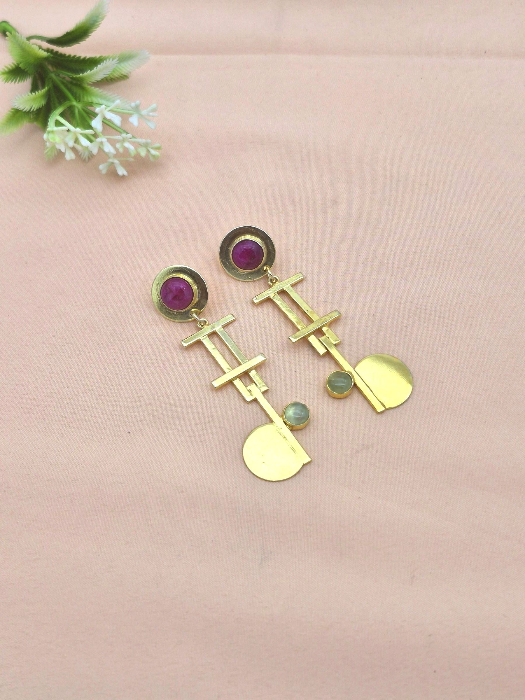 Handcrafted Gold Plated Brass Dangle Earrings –  Semi Precious Stone Jewelry