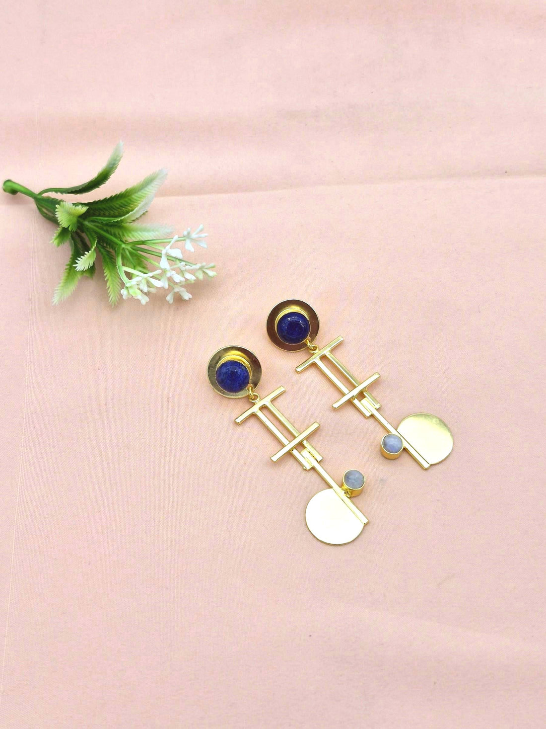 Handcrafted Gold Plated Brass Dangle Earrings –  Semi Precious Stone Jewelry