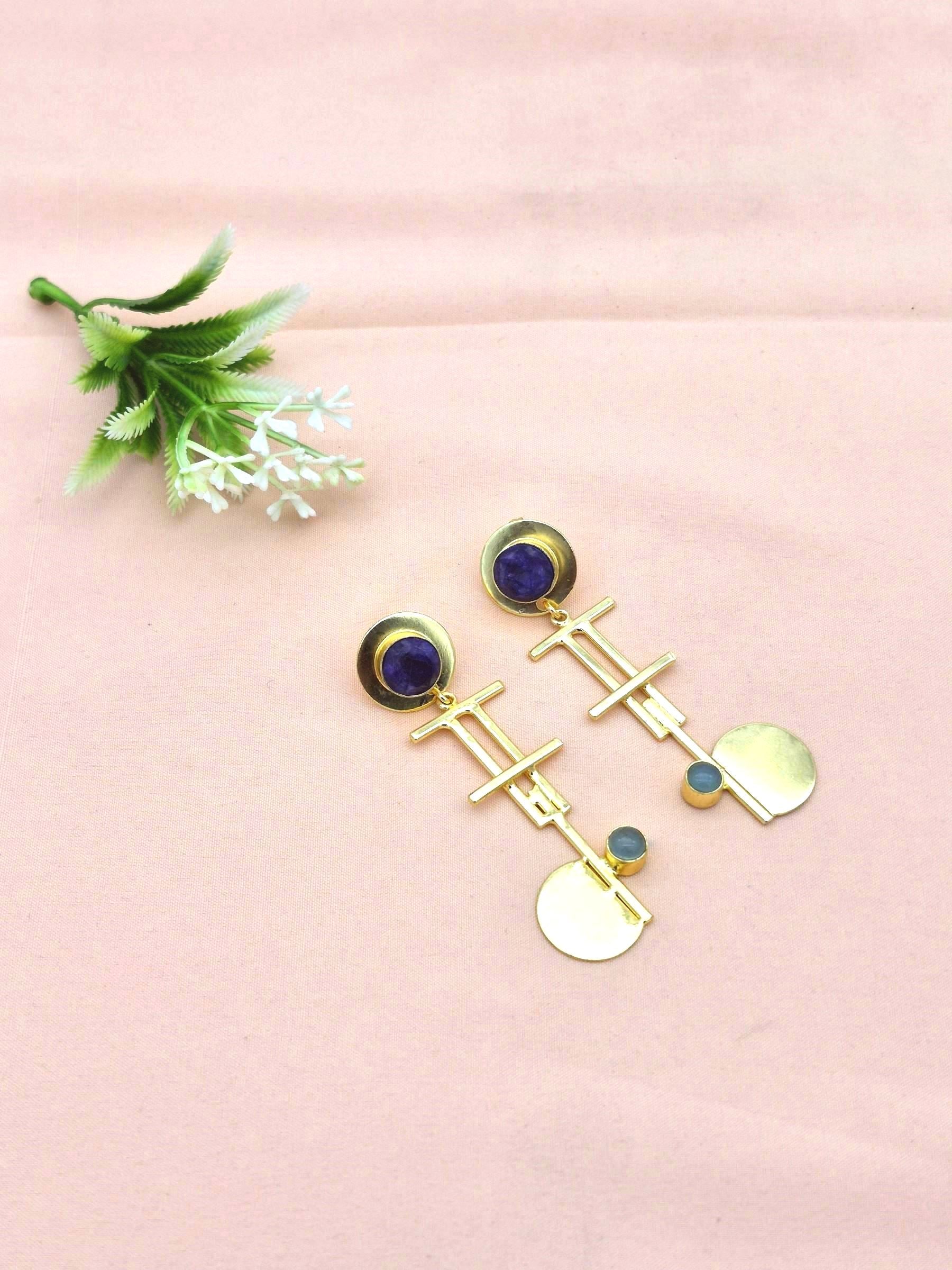 Handcrafted Gold Plated Brass Dangle Earrings –  Semi Precious Stone Jewelry