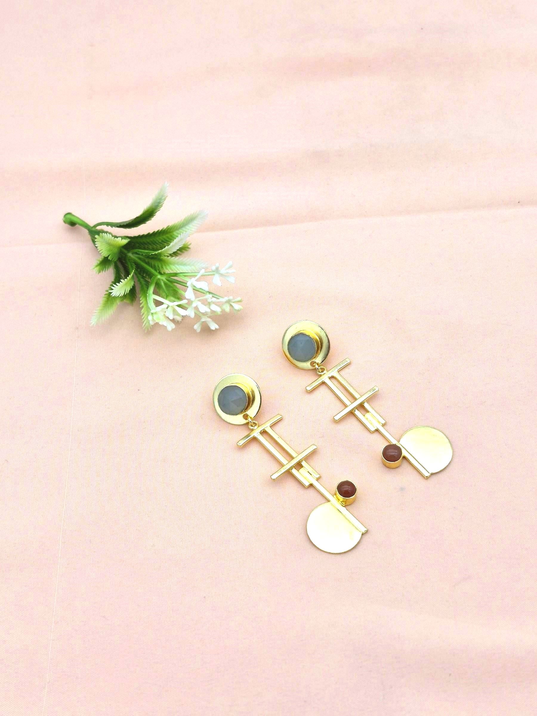 Handcrafted Gold Plated Brass Dangle Earrings –  Semi Precious Stone Jewelry