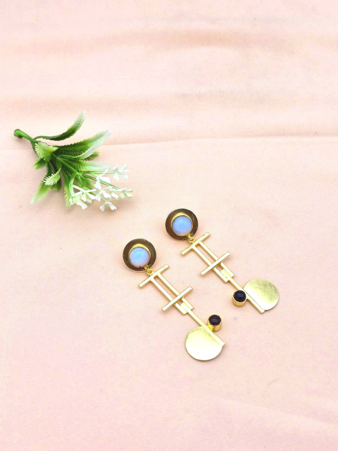 Handcrafted Gold Plated Brass Dangle Earrings –  Semi Precious Stone Jewelry