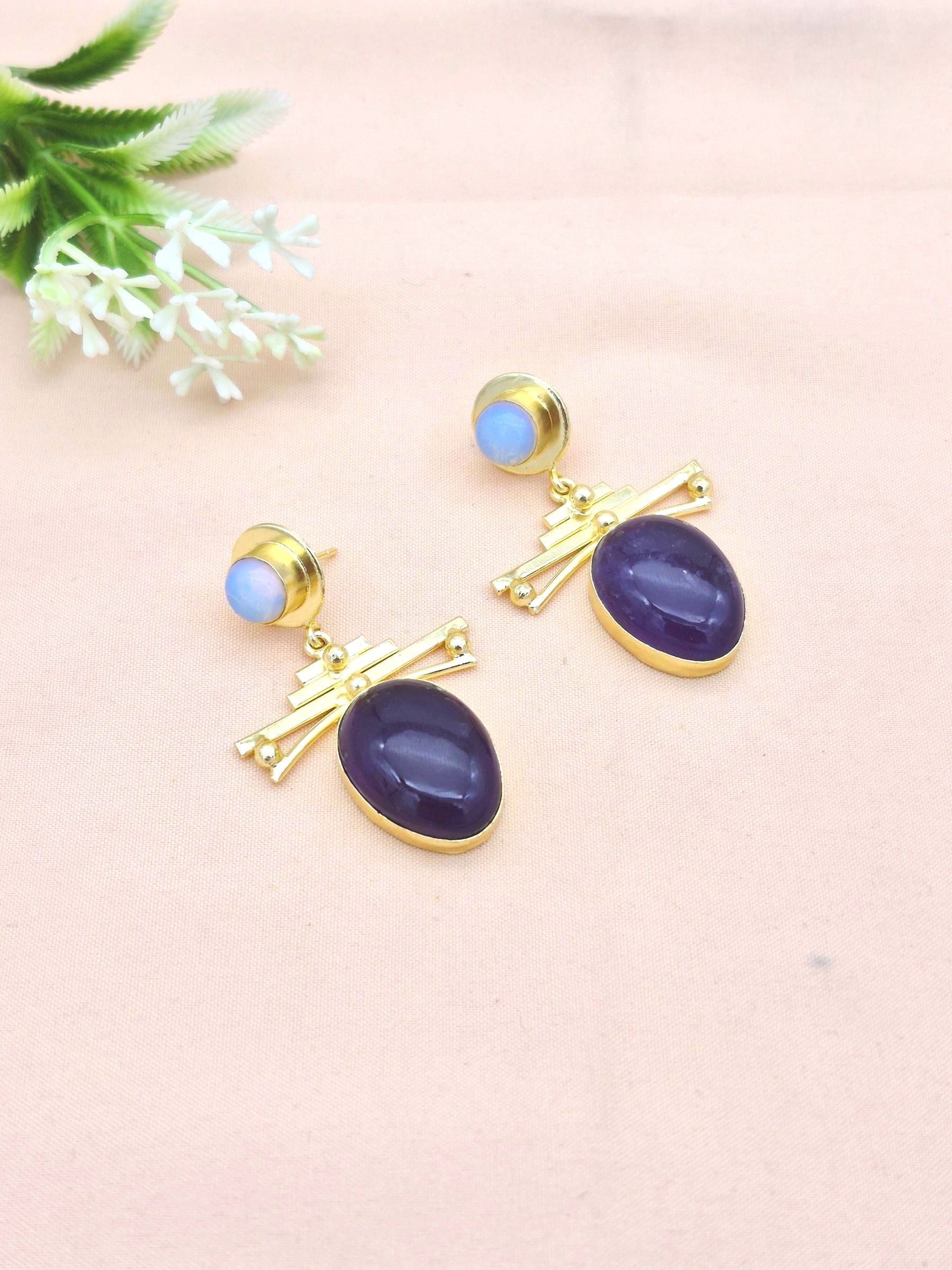 Amazing Gold Plated Dangle Earrings –  Semi Precious Stone Jewelry