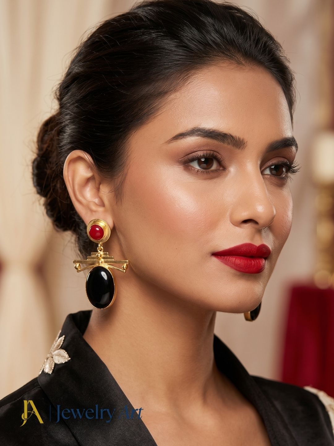 Elegant fashion portrait featuring black and red onyx designer jewelry
