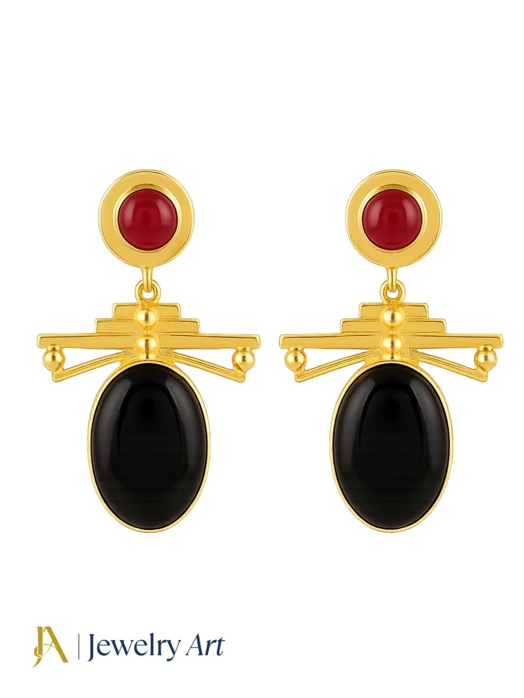 Handcrafted gold plated earrings featuring black and red onyx semi-precious stones
