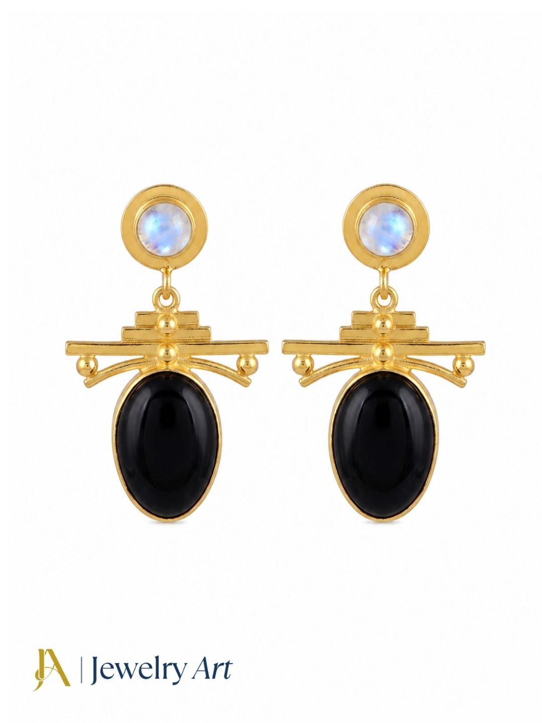 Gold plated black onyx and white rainbow stone dangle earrings on white background for women
