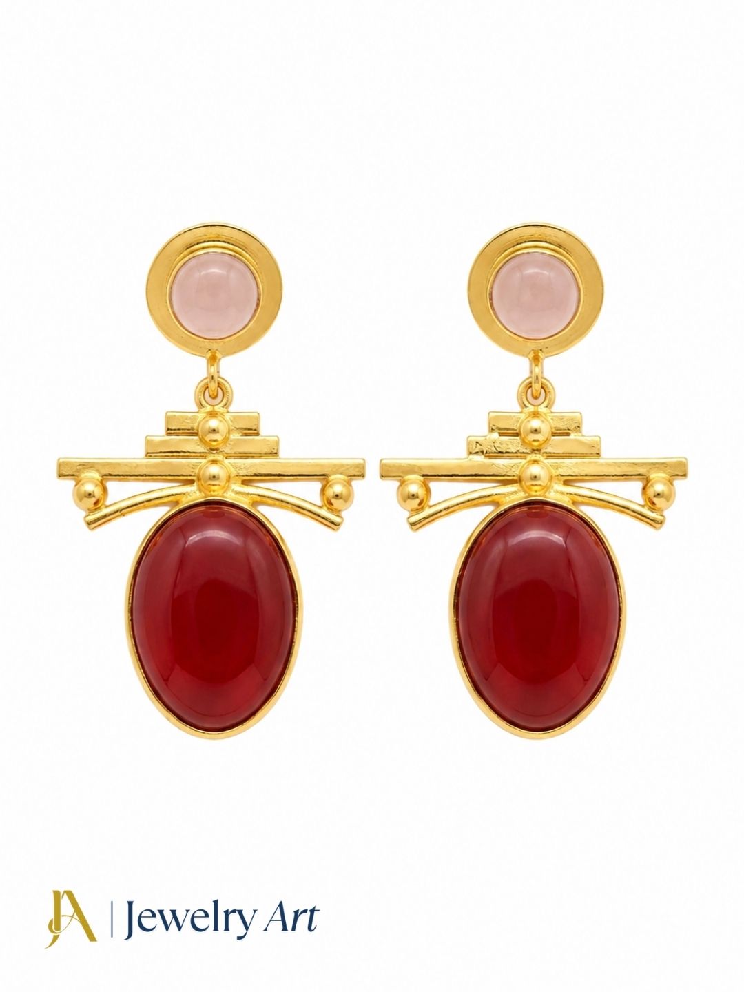 Elegant rose quartz and red onyx drop earrings displayed on white background
