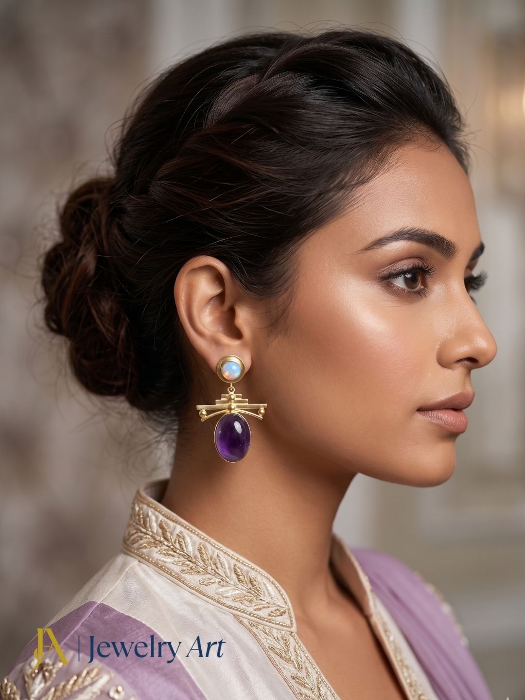 Fashion model wearing designer amethyst and synthetic opal drop earrings
