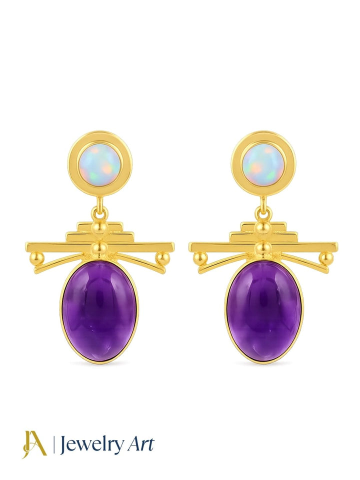 Designer amethyst synthetic opal gemstone earrings on a pure white background
