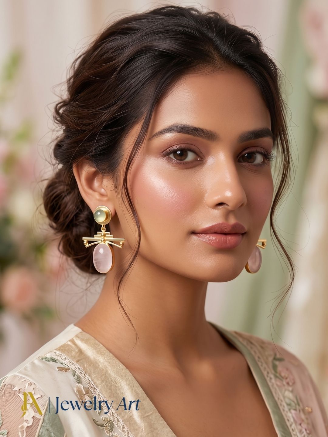 Fashion model wearing designer rose quartz and prehnite drop earrings
