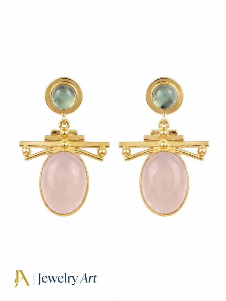 Handcrafted gold plated earrings featuring rose quartz and prehnite stones
