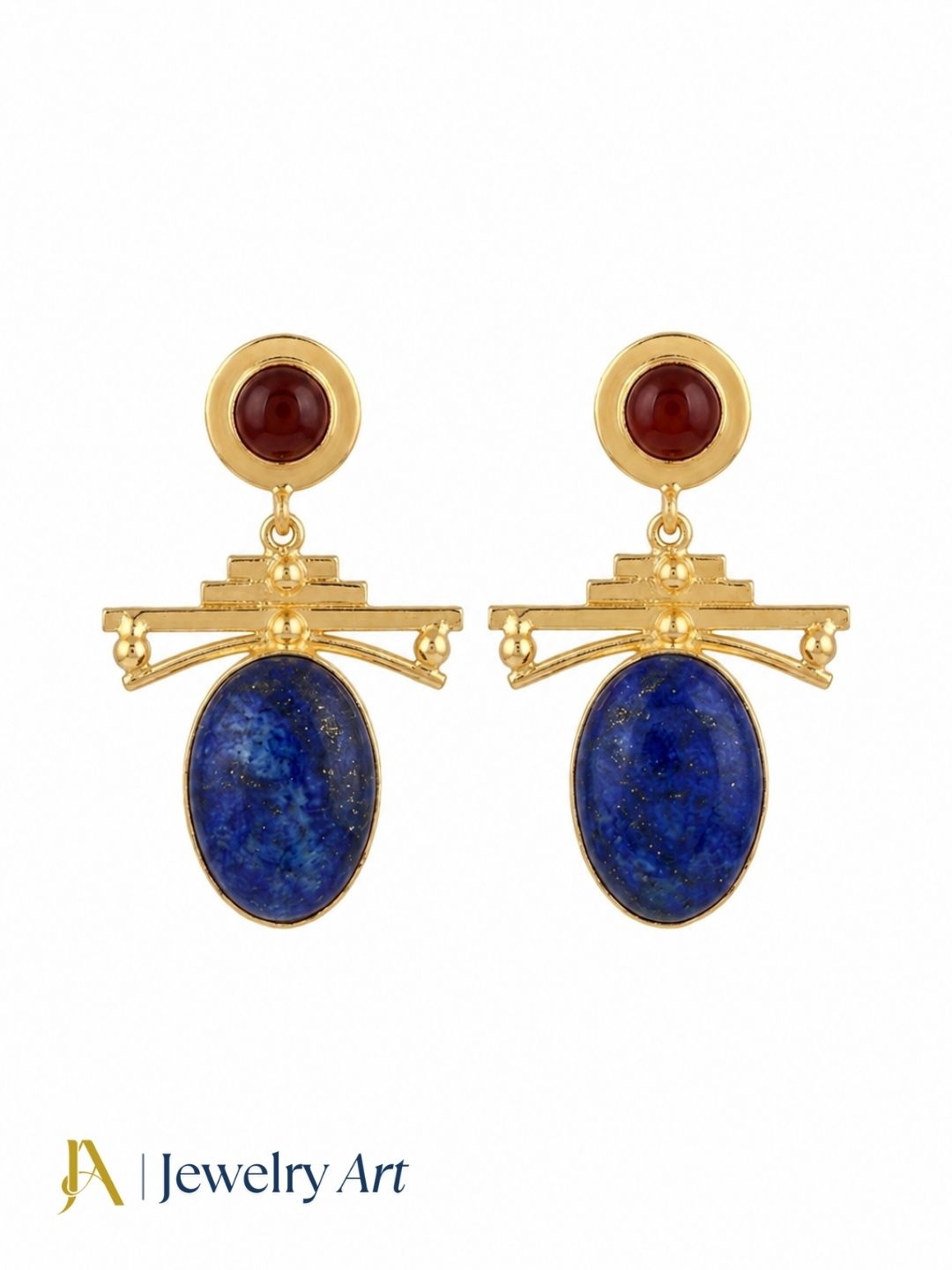 Gold plated lapis and red onyx dangle earrings for women on pure white background.
