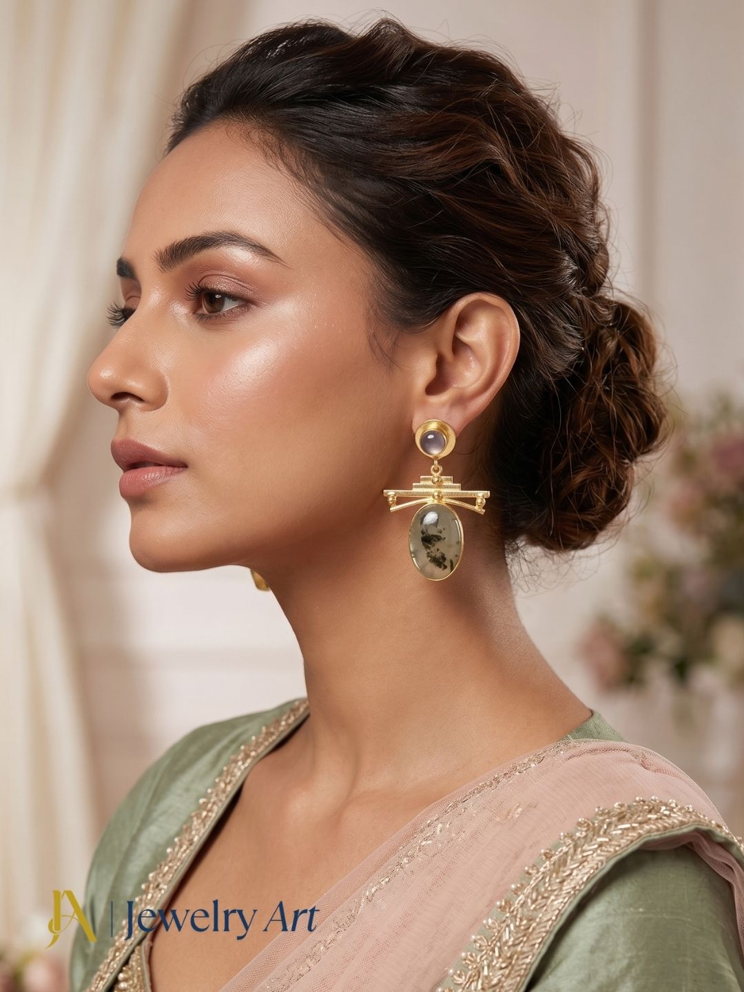Fashion model wearing designer prehnite and rose quartz drop earrings
