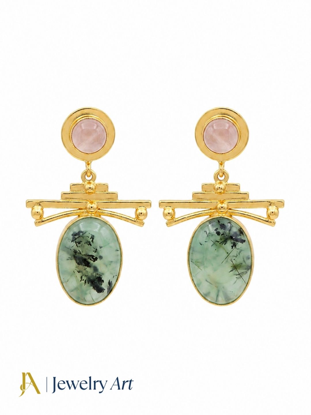 Elegant prehnite and rose quartz drop earrings displayed on white background
