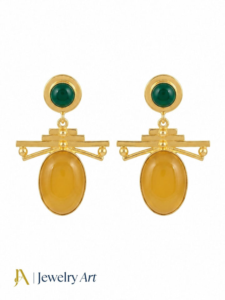 Designer yellow chalcedony green onyx gemstone earrings on a pure white background
