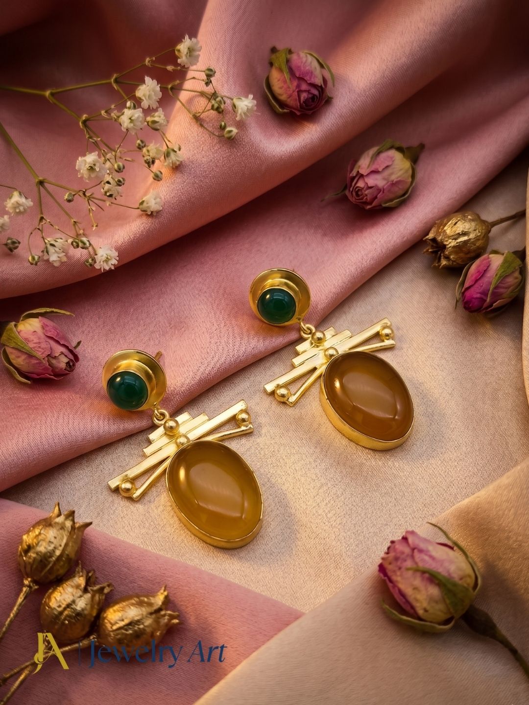 Gold plated yellow chalcedony and green onyx earrings in decorative jewelry styling
