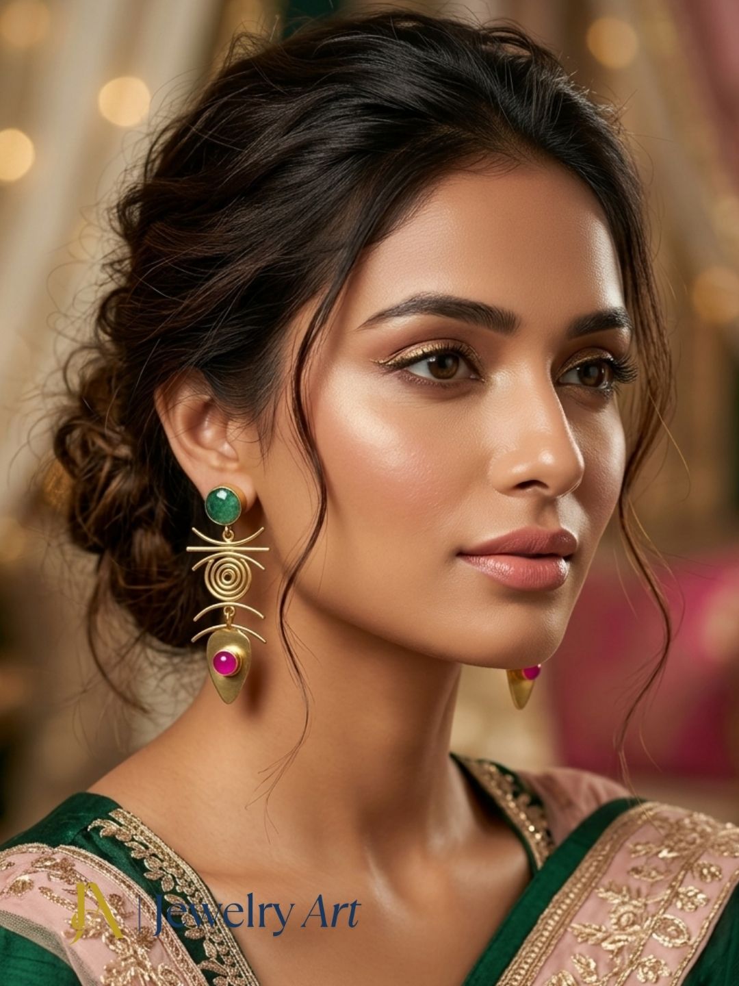 Woman wearing designer green beryl and pink onyx gemstone earrings with elegant gold plated finish.
