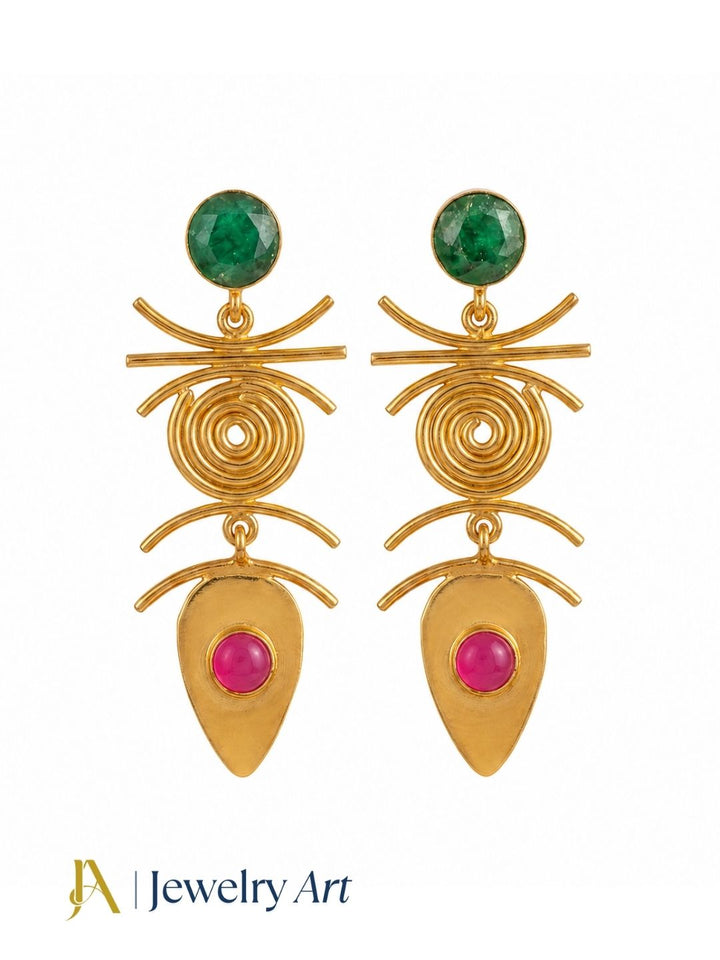 Handcrafted gold plated green beryl and pink onyx dangle earrings for women on pure white background.
