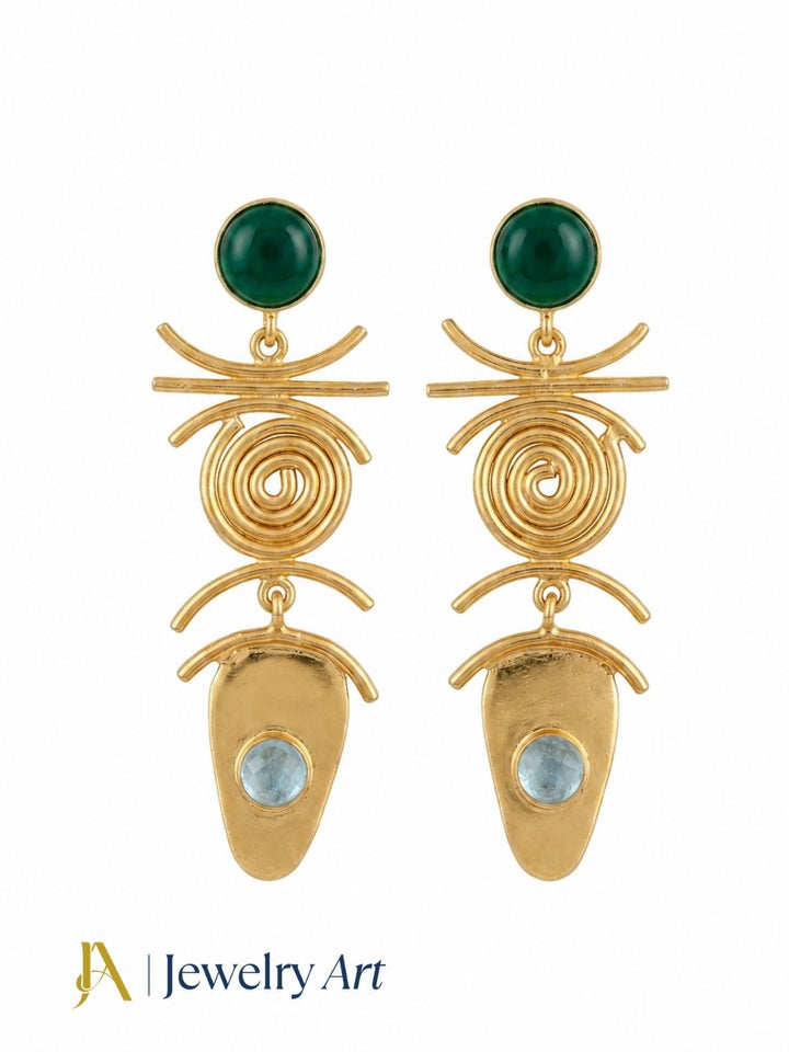 Gold plated green onyx and aquamarine dangle earrings on white background for women
