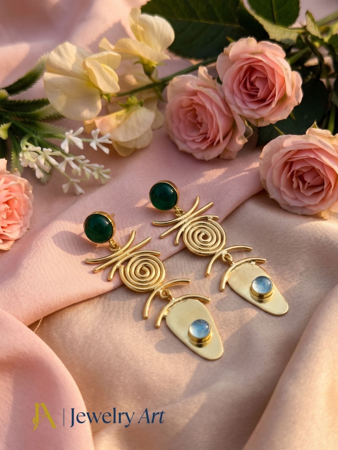 Luxury gemstone earrings featured in decorative product photography
