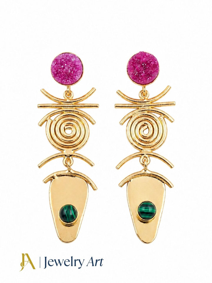 Gold plated red druzy and synthetic malachite dangle earrings for women on pure white background.
