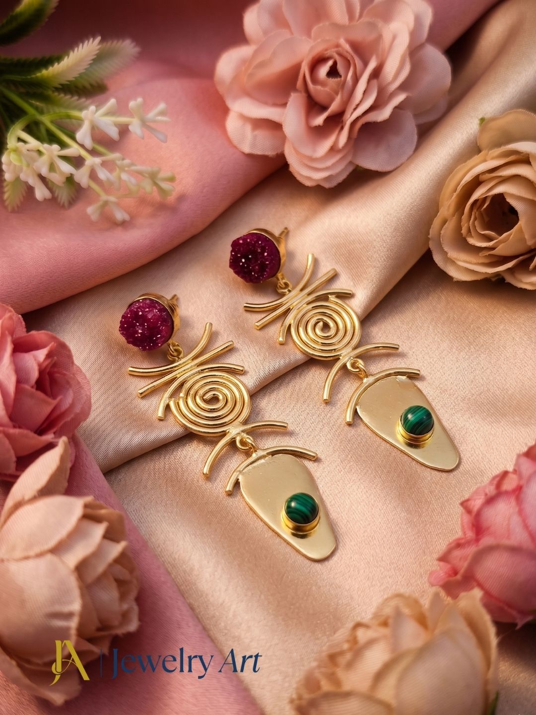 Gold plated red druzy and synthetic malachite earrings showcased in luxury decorative styling
