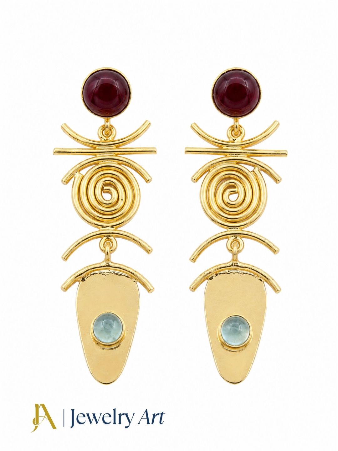 Designer red onyx aquamarine gemstone earrings on a pure white background

