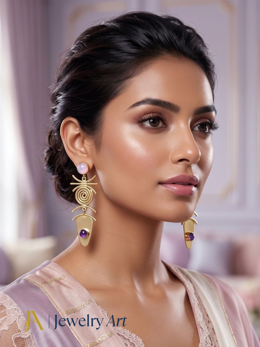 Model wearing lightweight gemstone earrings with pink opal accents
