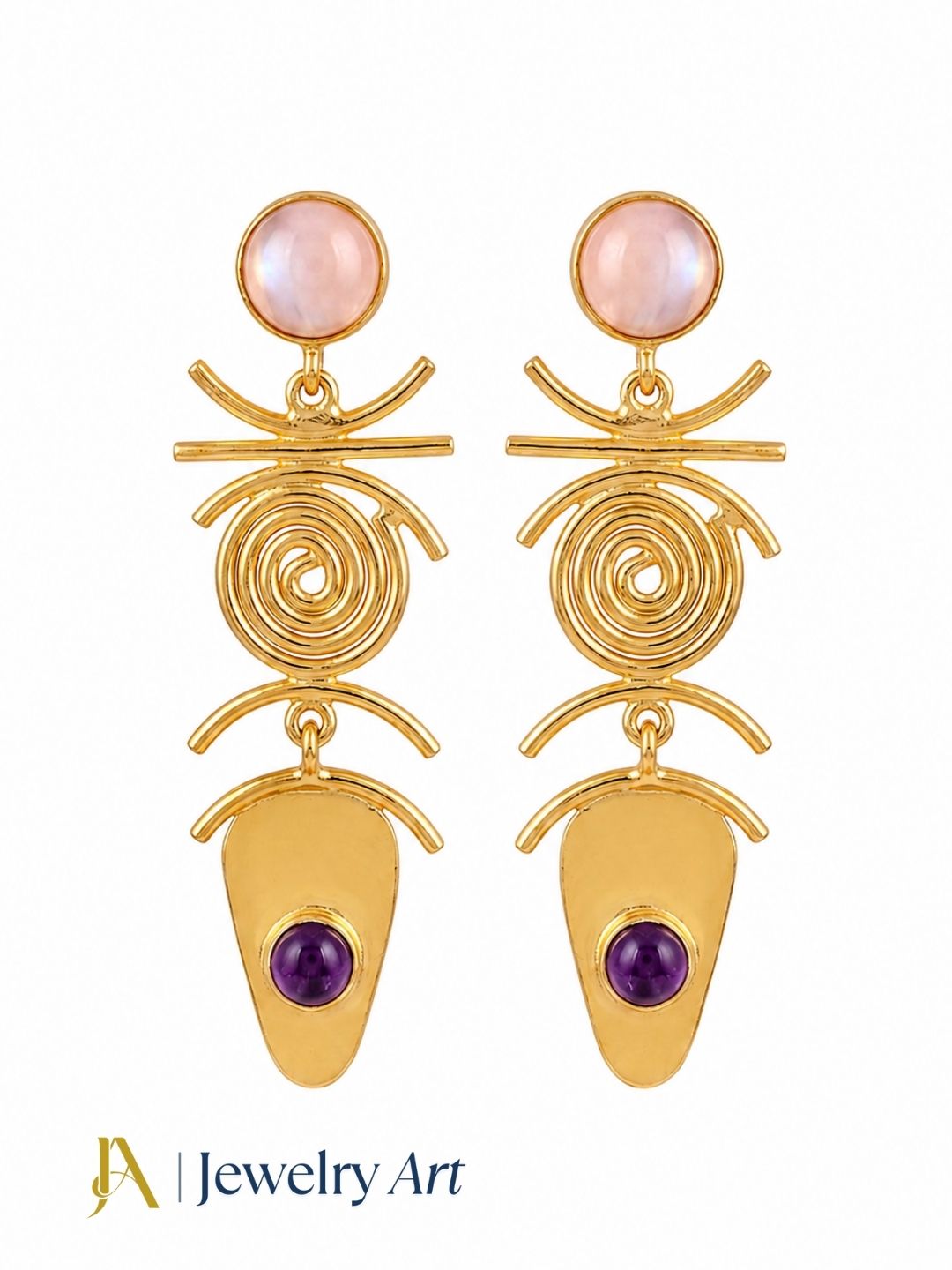 Designer pink opal amethyst gemstone earrings on a pure white background

