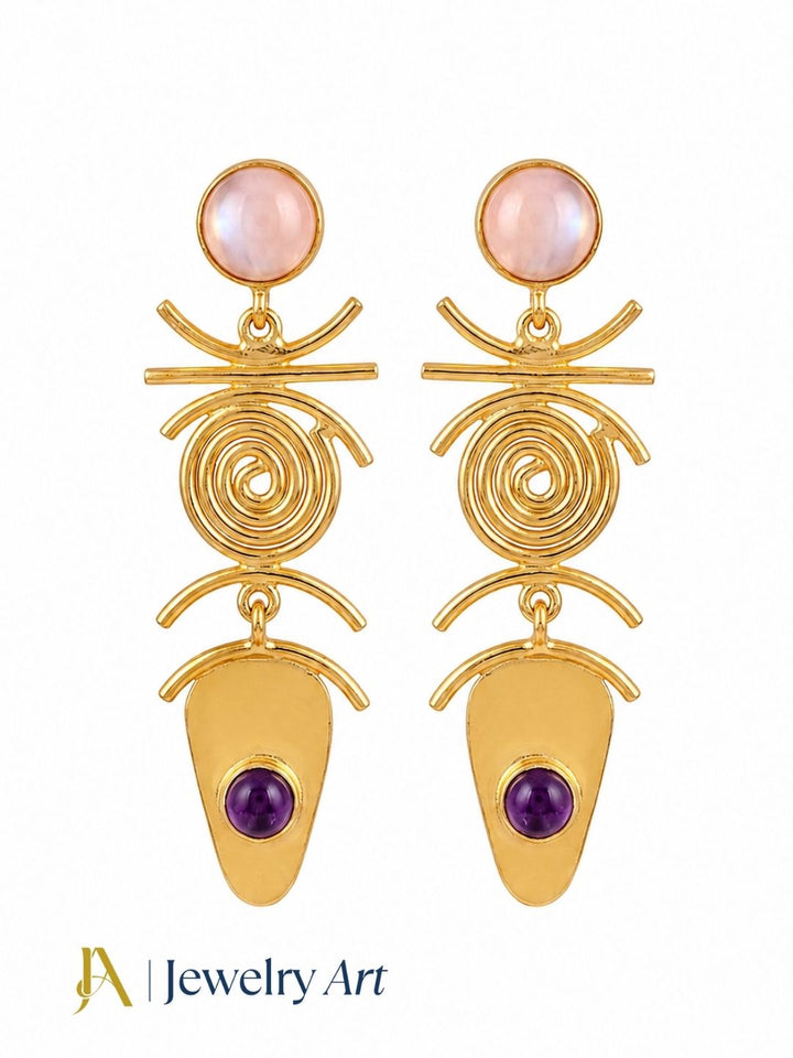 Designer pink opal amethyst gemstone earrings on a pure white background
