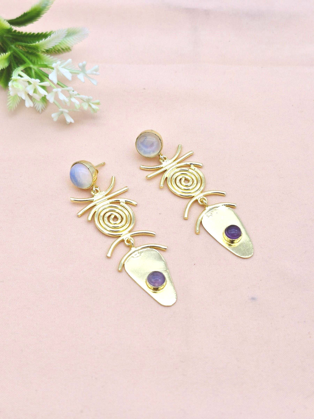 Stunning Gold Plated Dangle Earrings –  Semi Precious Stone Jewelry