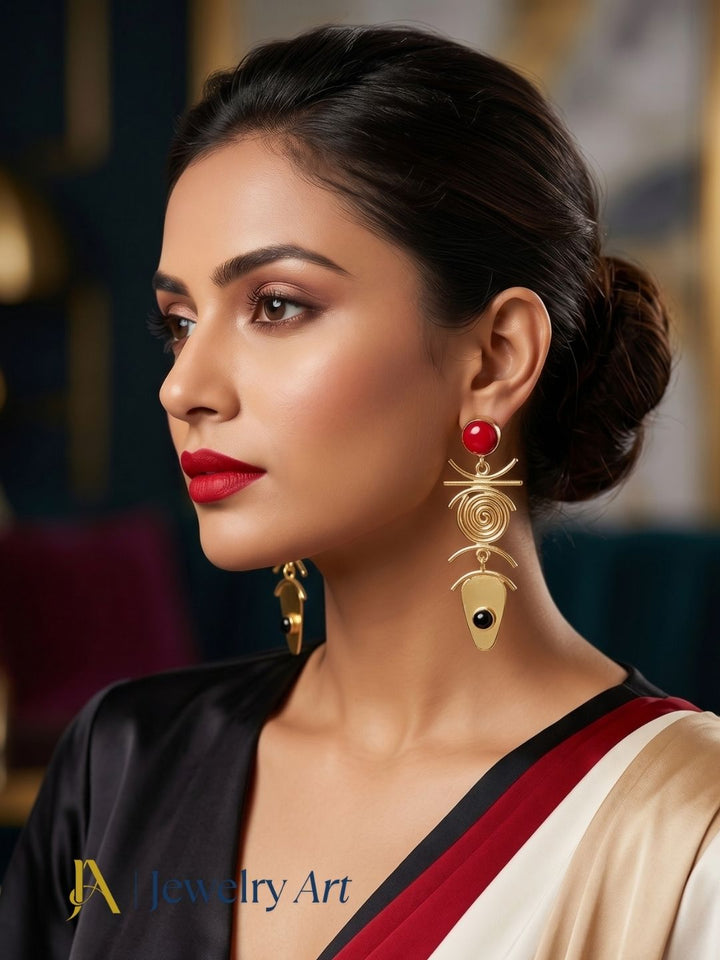 Model showcasing red glass black onyx earrings with elegant styling
