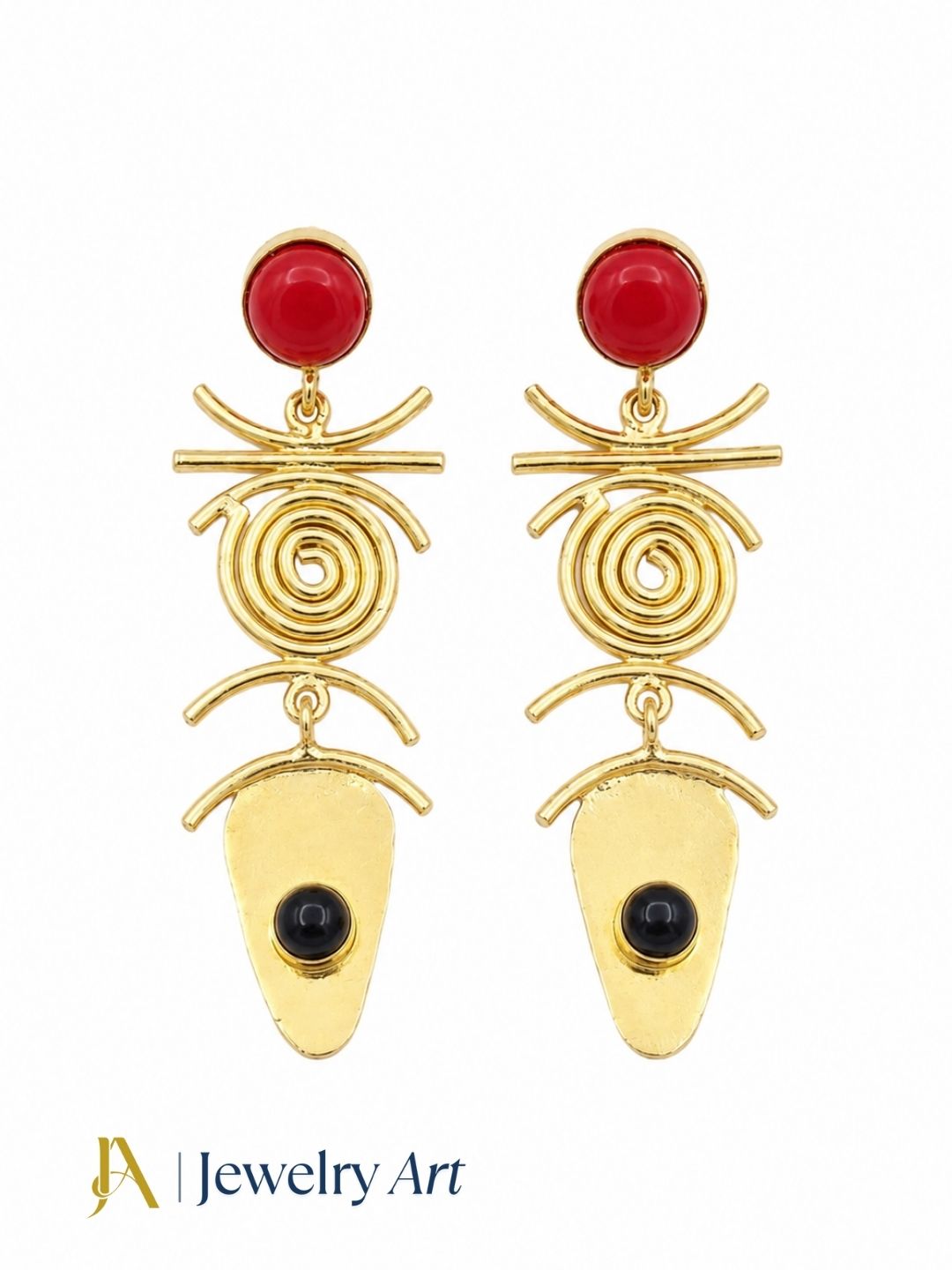 Handcrafted gold plated earrings featuring red glass and black onyx stones
